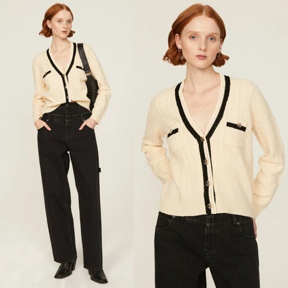NWT Sandro Mercredi Cardigan Sweater Ecru Cable Knit V-Neck Wool Blend Contrast - Picture 1 of 10